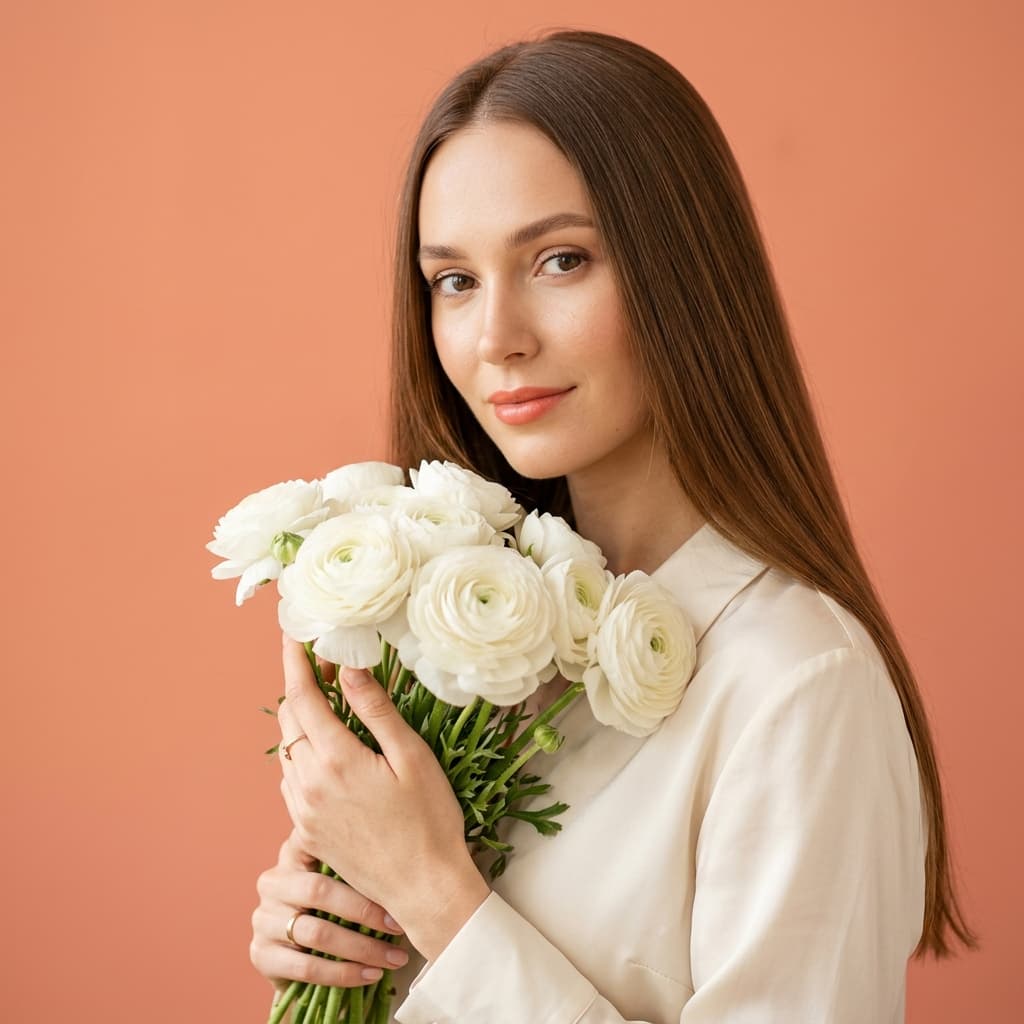 Beautiful model representing Lumière organic skin collective holding ranunculus flowers